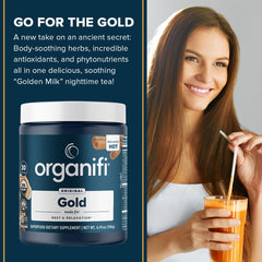 Organifi Gold ingredients like lemon balm and ginger for calm evenings.