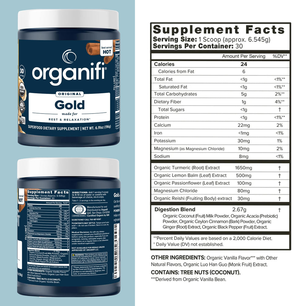Organifi Gold powder with turmeric and reishi for a soothing evening blend.