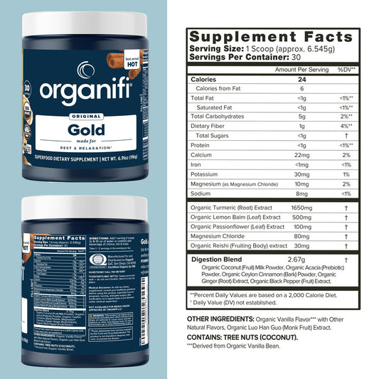 Organifi Gold powder with turmeric and reishi for a soothing evening blend.