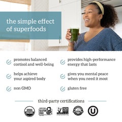 Ingredients visual emphasizes spirulina and chlorella for plant-based nutrition