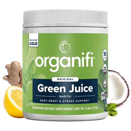 Organifi Green Juice tub front for daily wellness boost