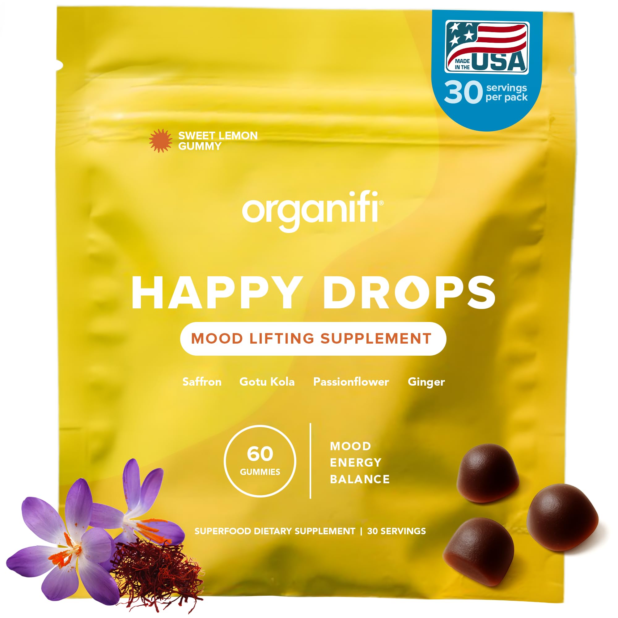 Organifi Happy Drops bottle on a clean desk for mood support
