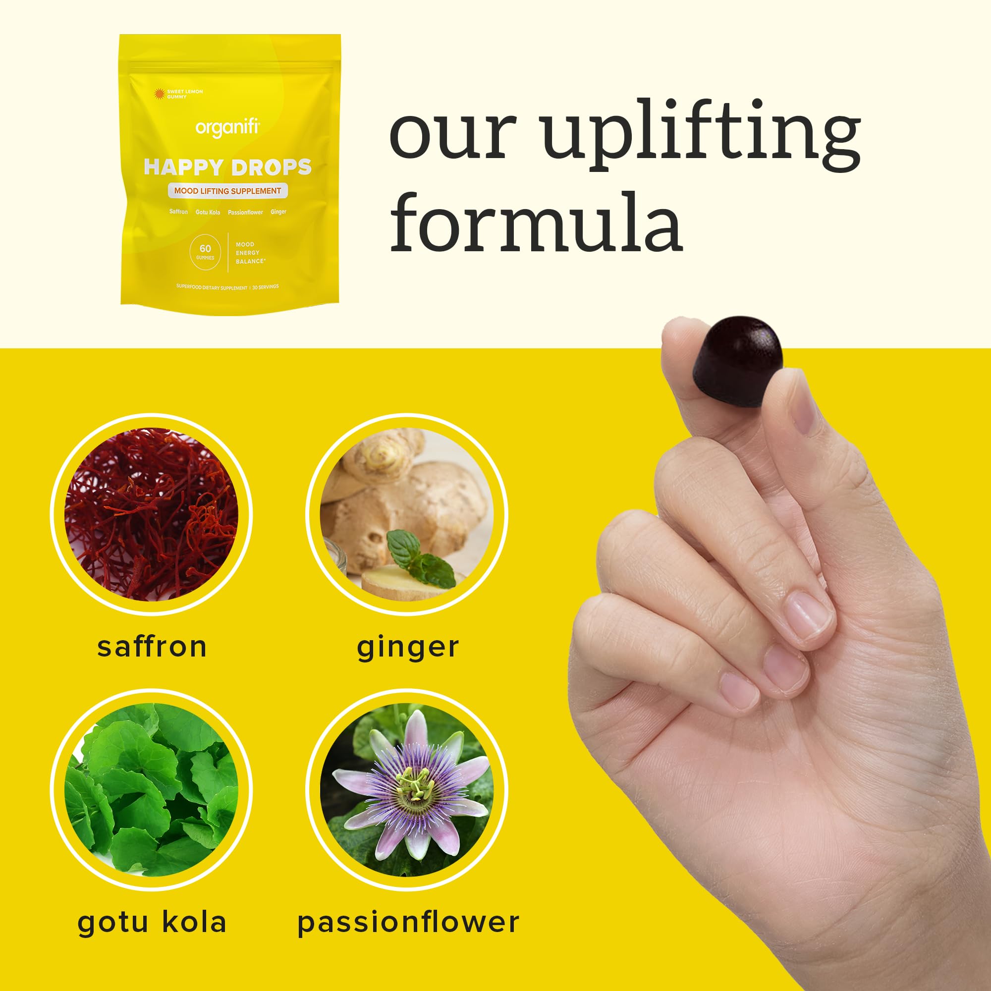 Two gummies shown to illustrate daily dosage for mood support