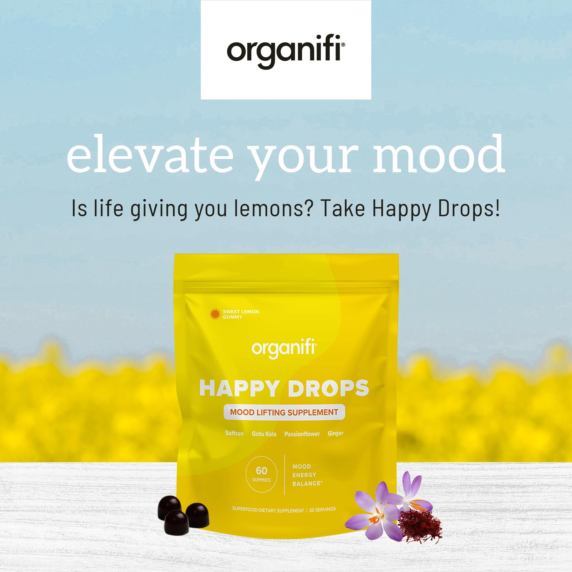 Happy Drops lemon flavor gummies ready to support daily mood