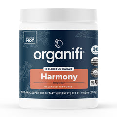 Organifi Harmony powder canister on countertop signaling balanced hormones.