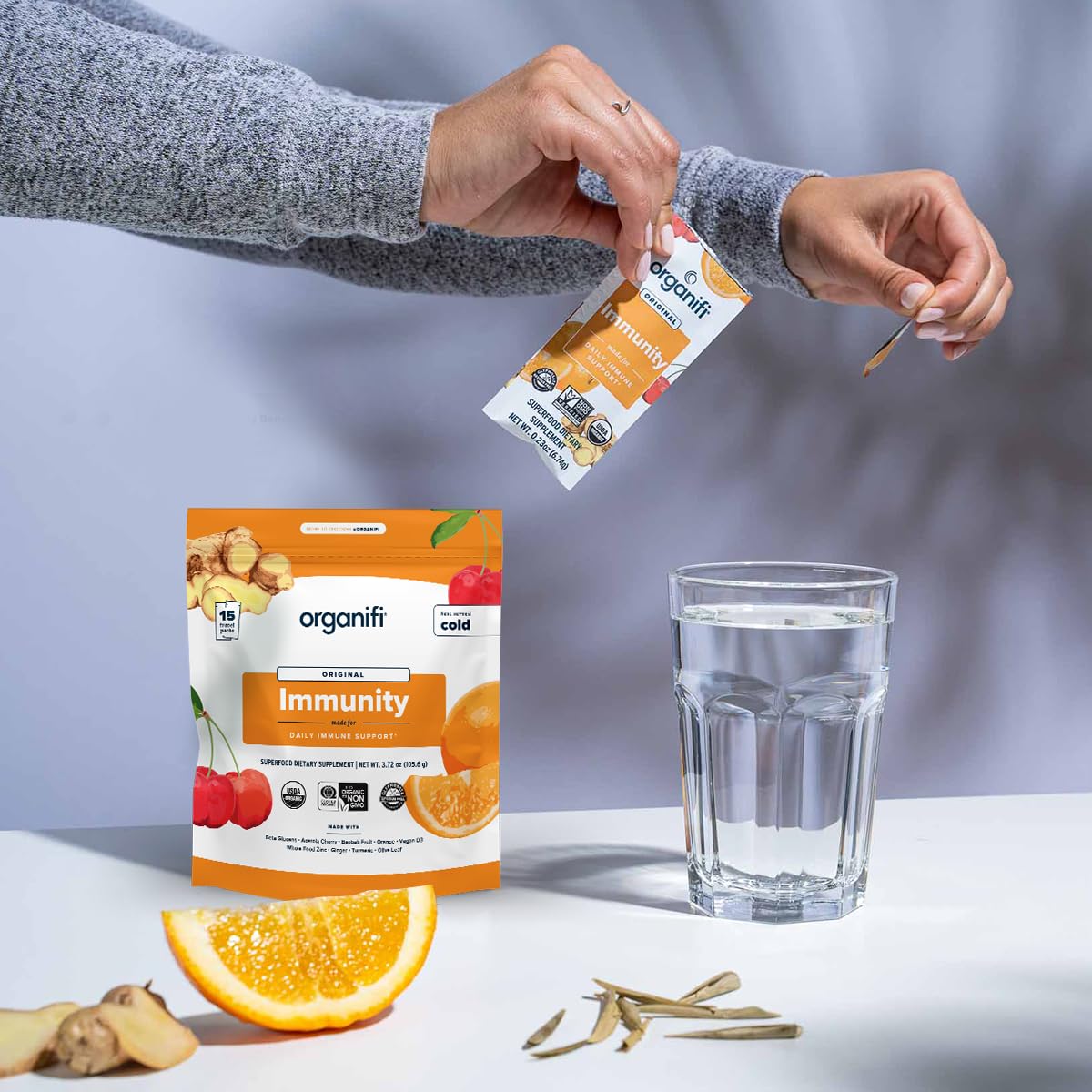 Organifi Immunity branding close-up for easy recognition and trust.