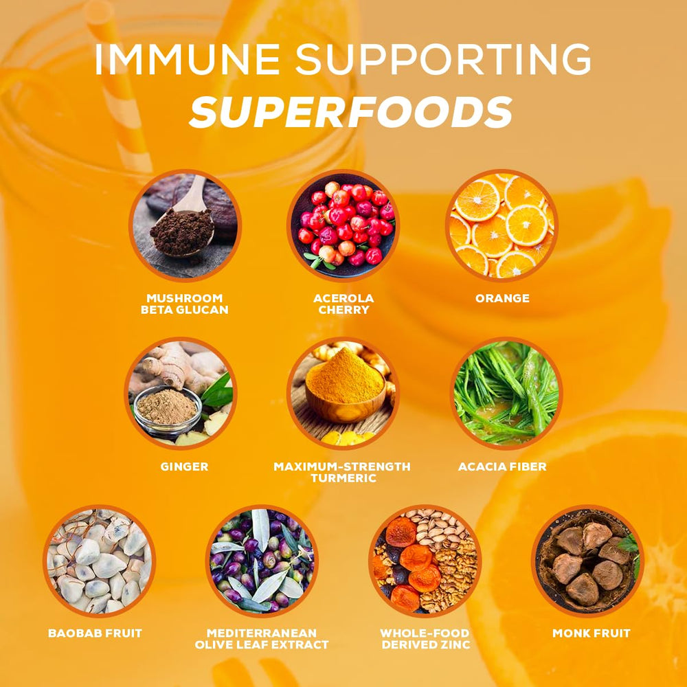 Close-up of Organifi Immunity powder highlighting mushroom beta glucans blend.