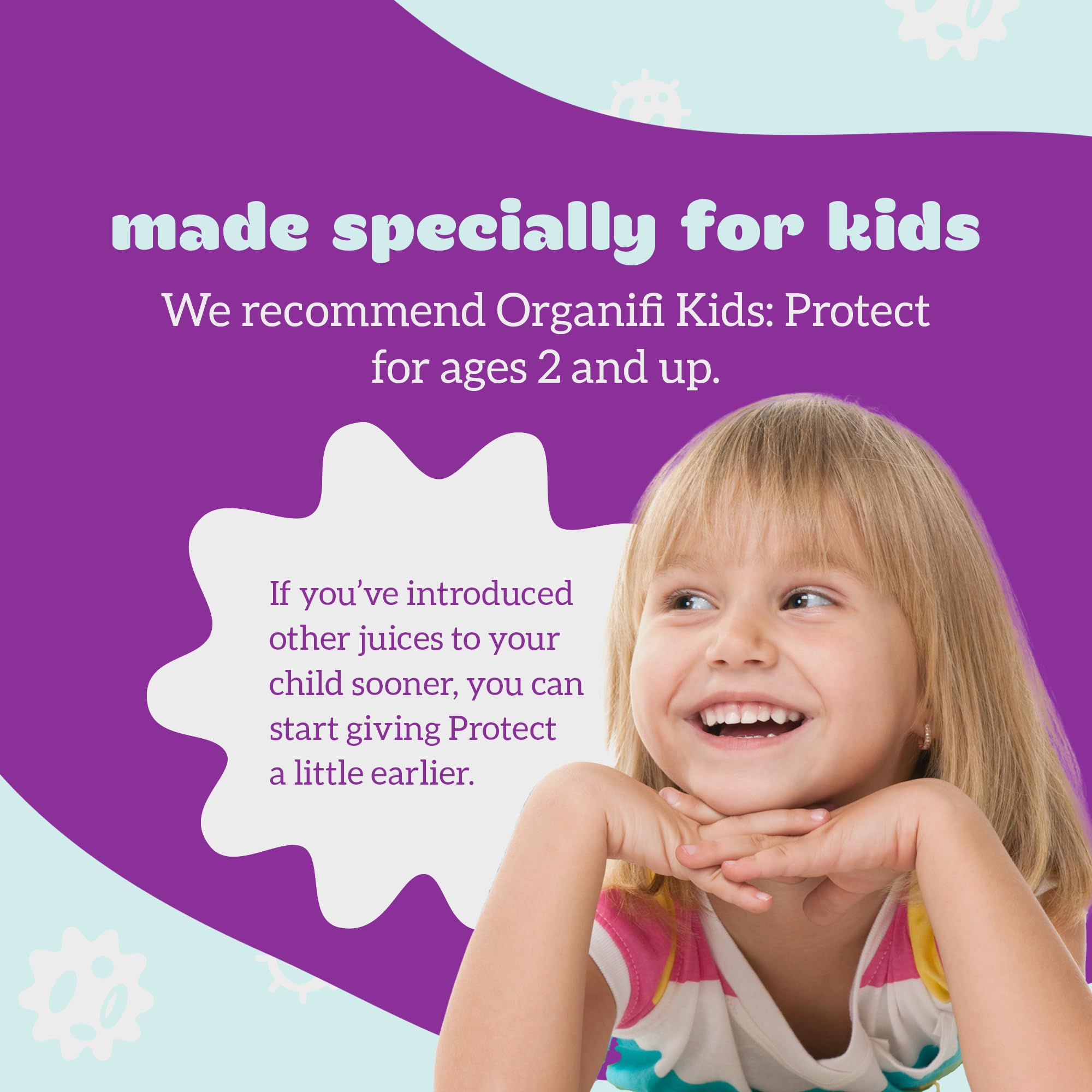 Organifi Kids Protect mixing in water glass reveals berry-flavored drink.