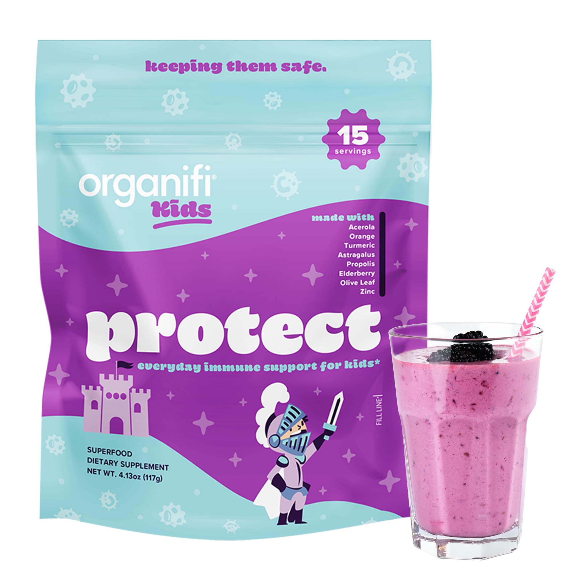 Organifi Kids Protect elderberry bottle highlighting immune-support ingredients for kids.