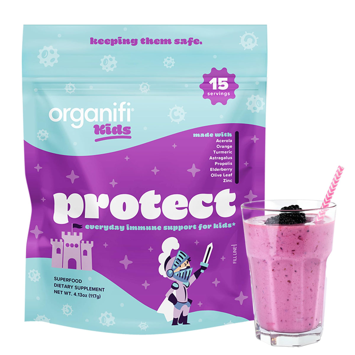 Organifi Kids Protect elderberry bottle highlighting immune-support ingredients for kids.