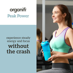 Organifi Peak Power canister on kitchen counter for daily use.