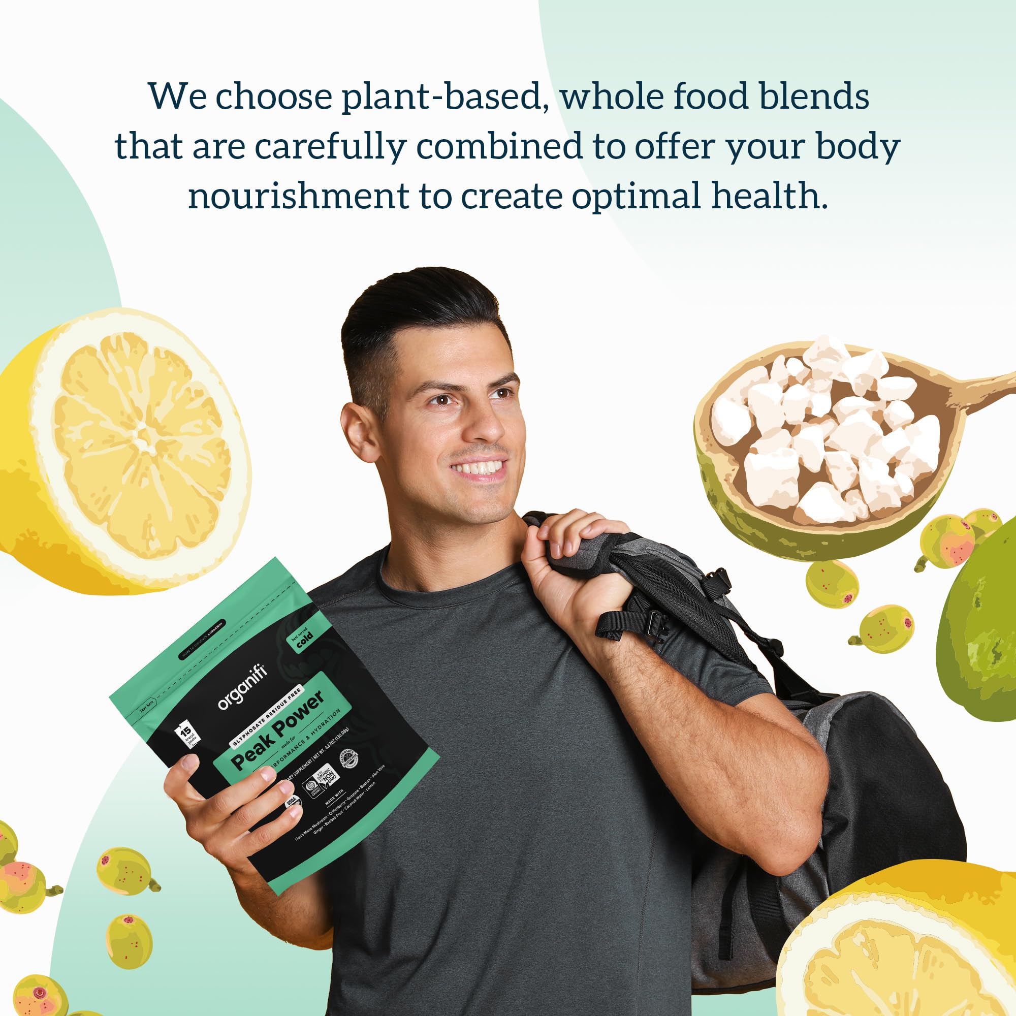 Packaging display of Organifi Peak Power emphasizing plant-based energy.
