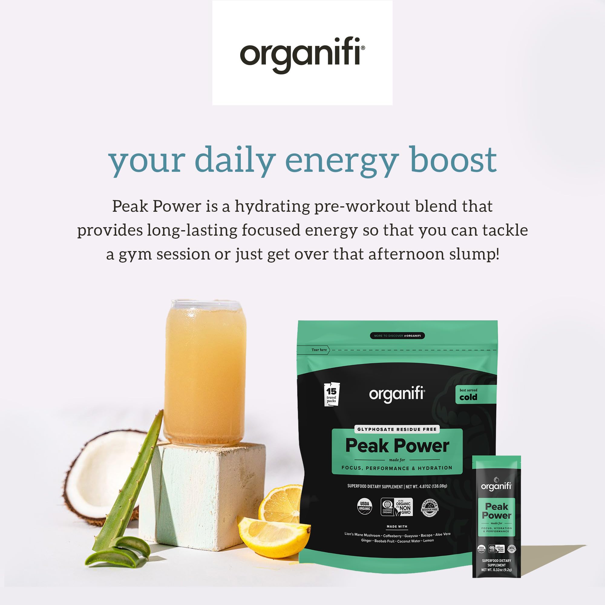 Powder pours from Organifi Peak Power canister into a shaker for energy.