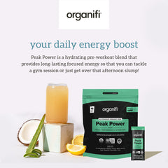 Powder pours from Organifi Peak Power canister into a shaker for energy.
