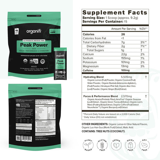 Close-up of Organifi Peak Power scoop for precise pre-workout dosing.