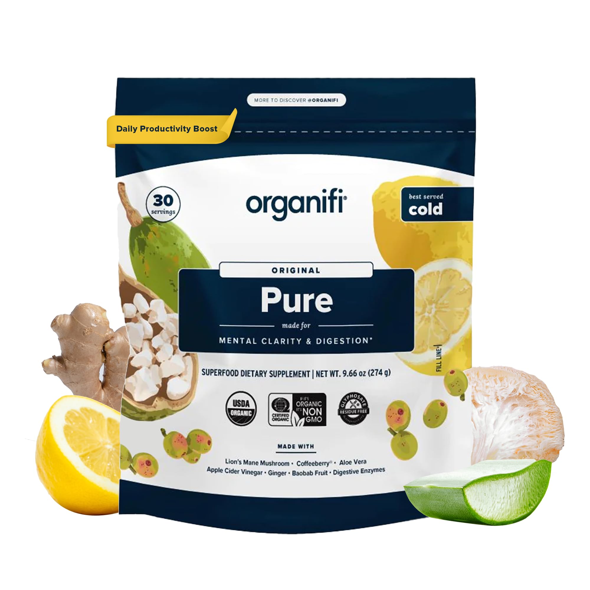Organifi Pure bottle closeup showing premium brain-boost formula for focus seekers