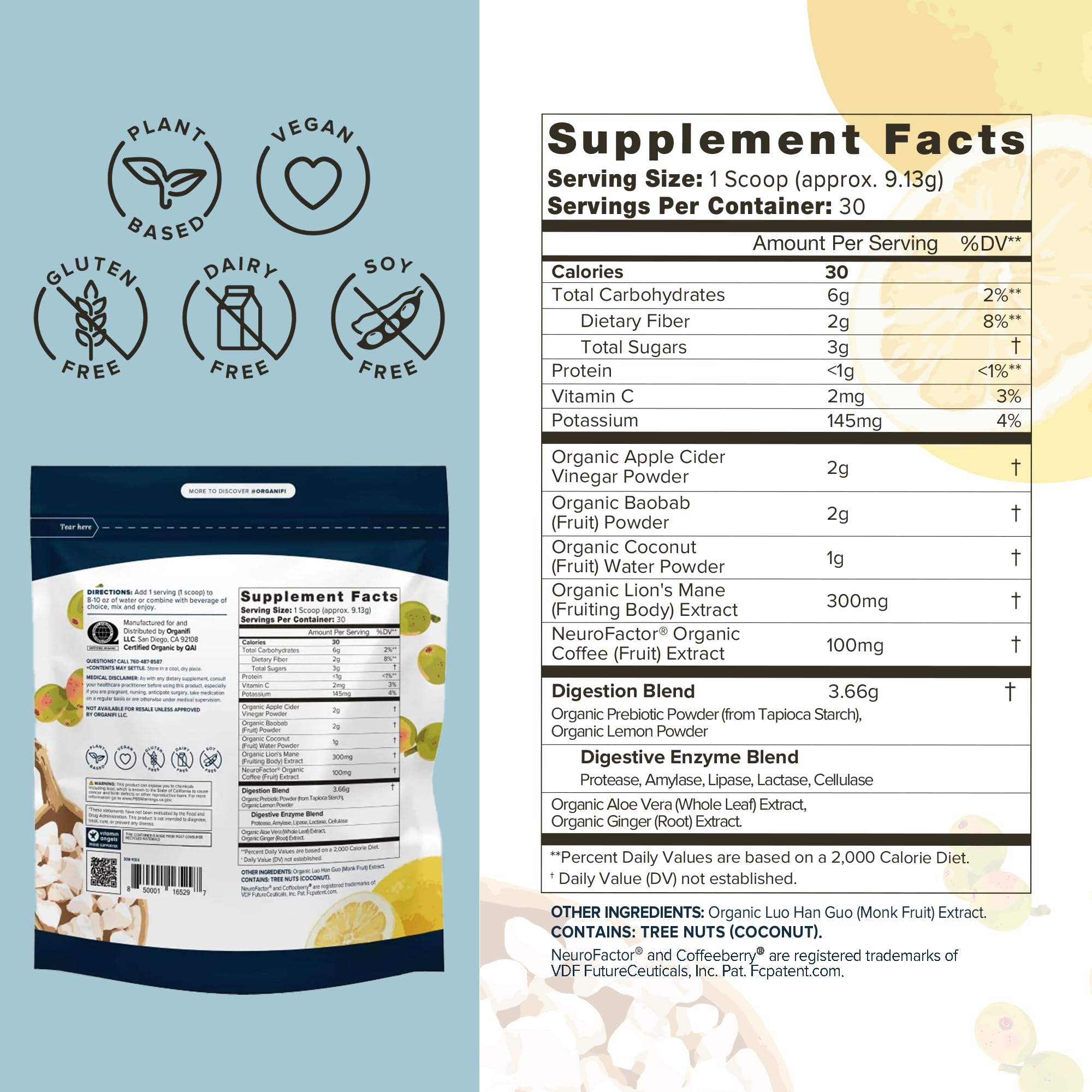 Organifi Pure bottle serve highlighting caffeine-free study-friendly nutrition