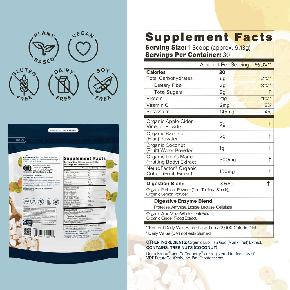 Organifi Pure bottle serve highlighting caffeine-free study-friendly nutrition