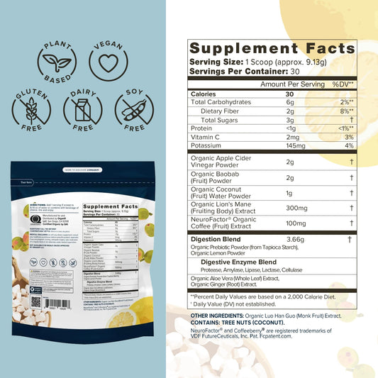 Organifi Pure bottle serve highlighting caffeine-free study-friendly nutrition