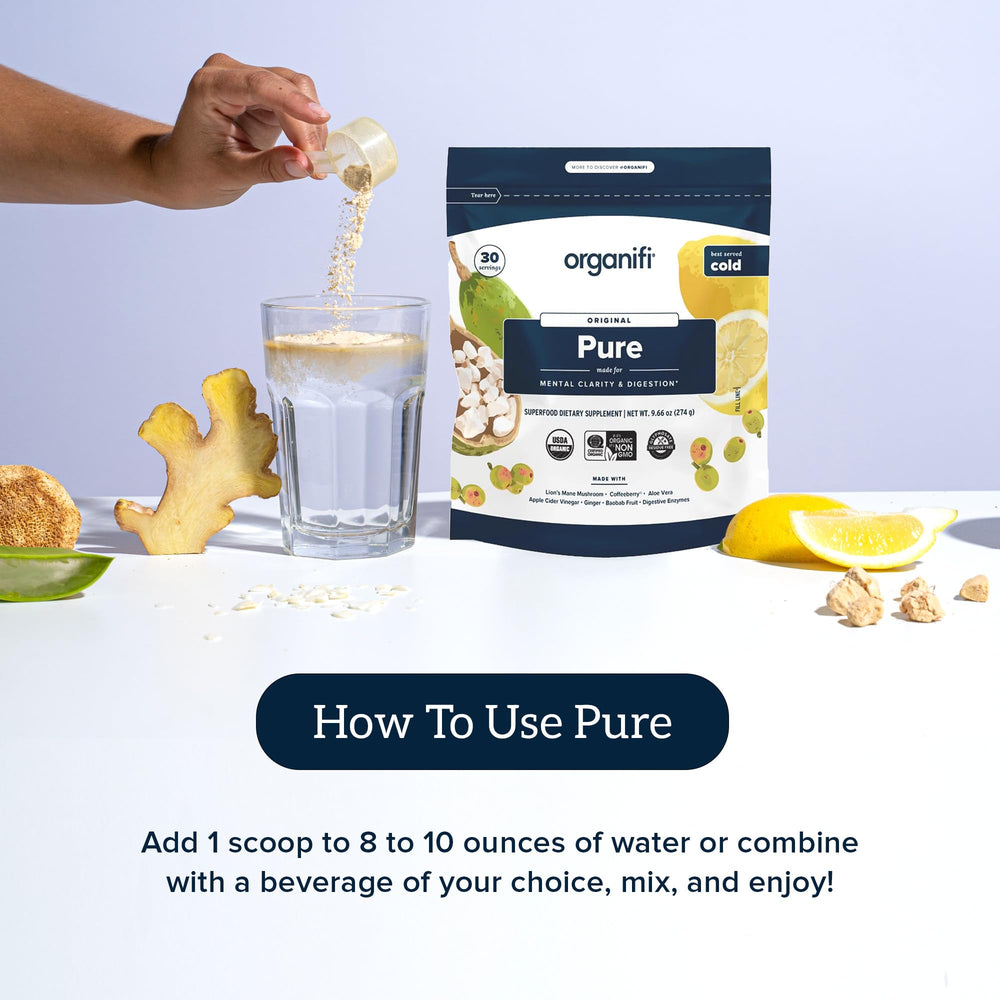 Organifi Pure glass with drink evokes refreshing cold serving and focus moments