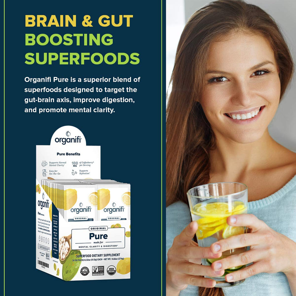 Organifi Pure Smart Packs 11-ingredient blend highlighting gut-brain axis nourishment.