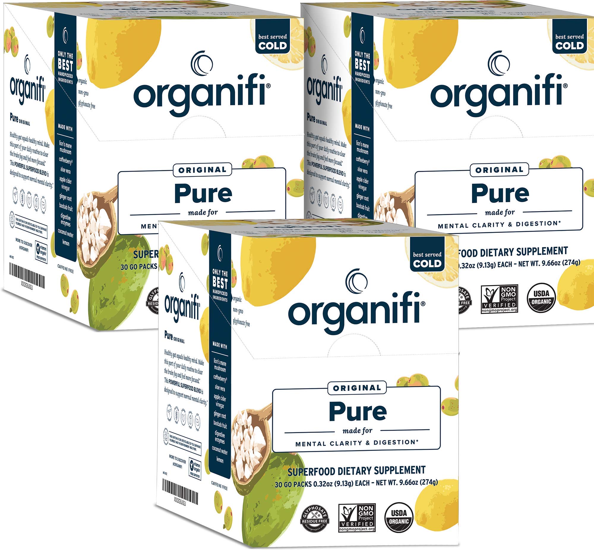 Organifi Pure Smart Packs lemon bottle close-up showing daily cognitive support ingredients.