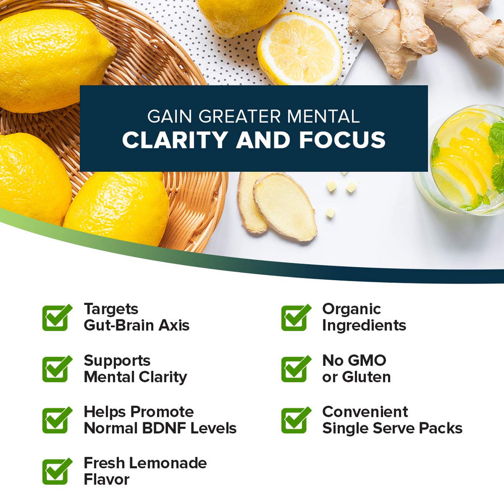 Organifi Pure Smart Packs lemon drink pouring into glass suggests refreshing focus.