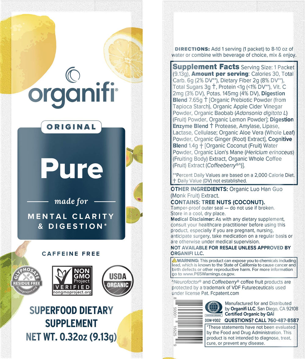 Organifi Pure Smart Packs lemon sachets arranged to illustrate convenient daily wellness.
