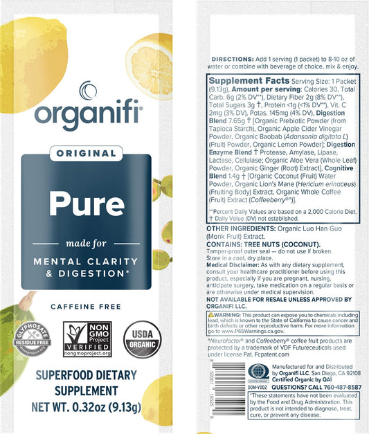Organifi Pure Smart Packs lemon sachets arranged to illustrate convenient daily wellness.