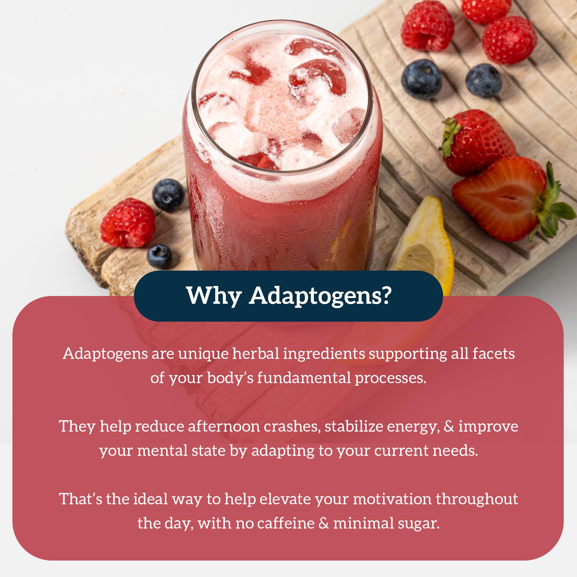 Organifi Red Juice ingredients close-up featuring chaga, rhodiola, cordyceps for energy support
