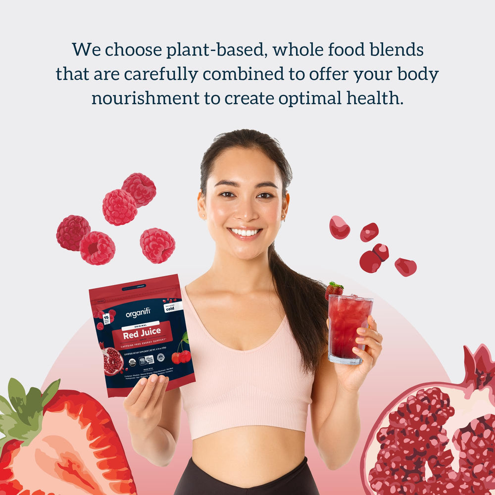 Organifi Red Juice packaging close-up highlighting natural extracts and immune-supportive components