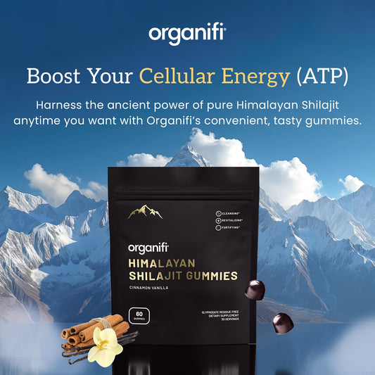 Organifi Shilajit Gummies close-up highlighting vitality-boosting ingredients.