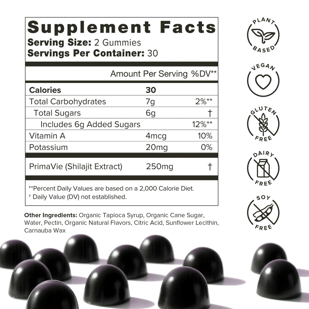 Organifi Shilajit Gummies ingredients from the Himalayas for vitality and energy.