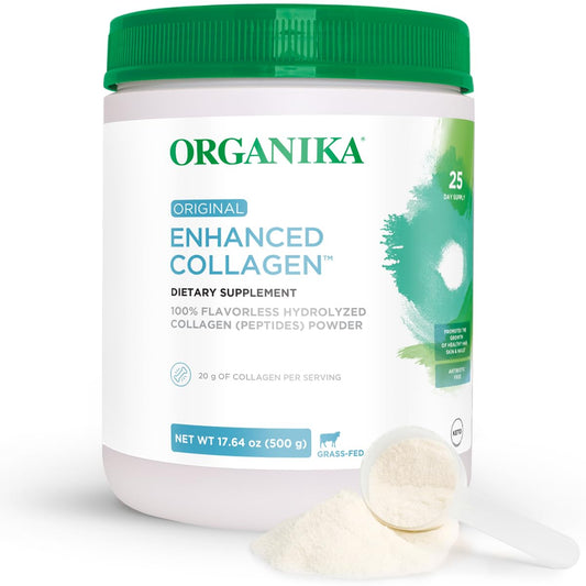 Organika collagen bottle pour demonstrates convenient daily use for skin support