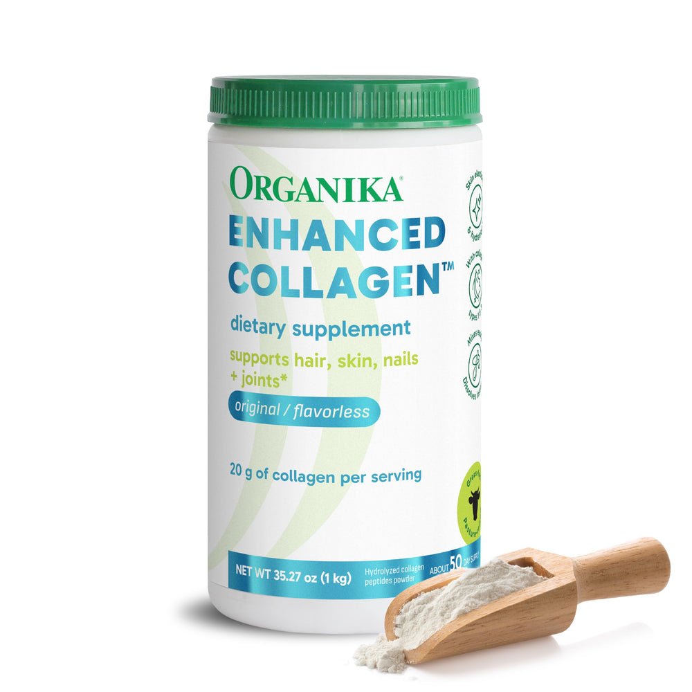 Organika Collagen Powder bottle with label highlighting grass-fed benefits for hair, skin, and joints.