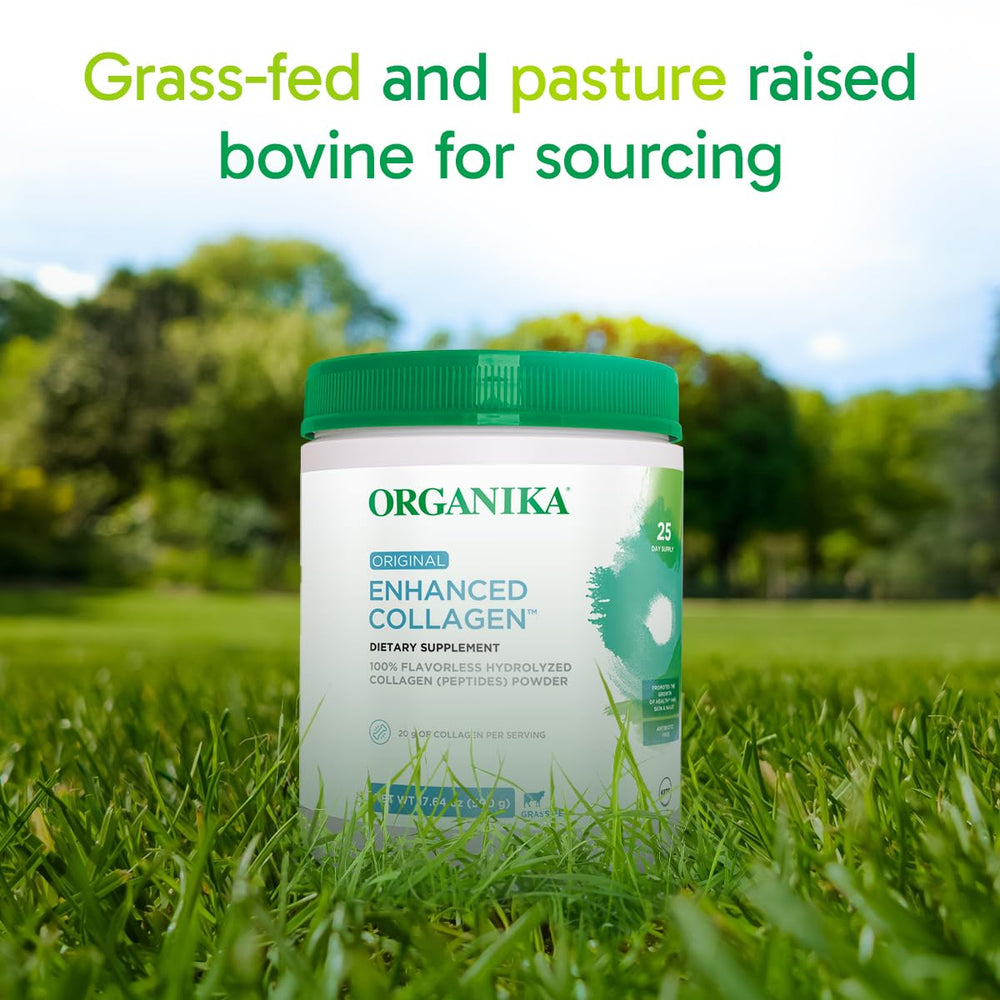 Organika collagen powder with measuring spoon in breakfast setup