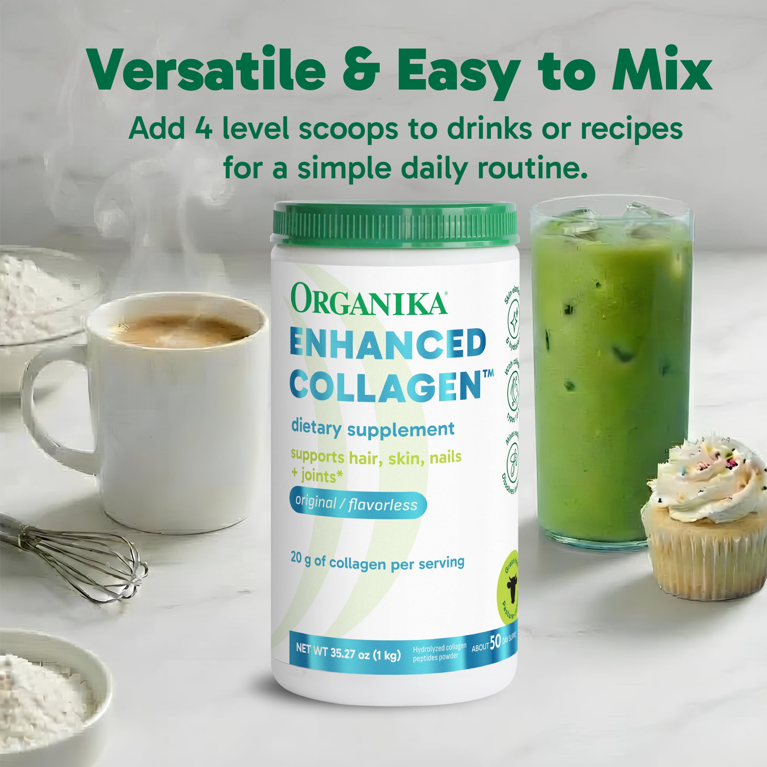Organika Collagen Powder dairy-free label emphasizes hormone-free, non-GMO sourcing.