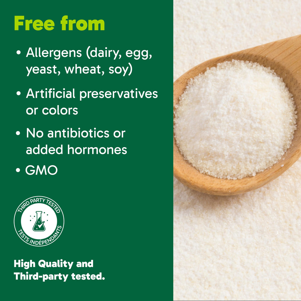 Organika Collagen Powder serving spoon with label, convenient daily supplement.