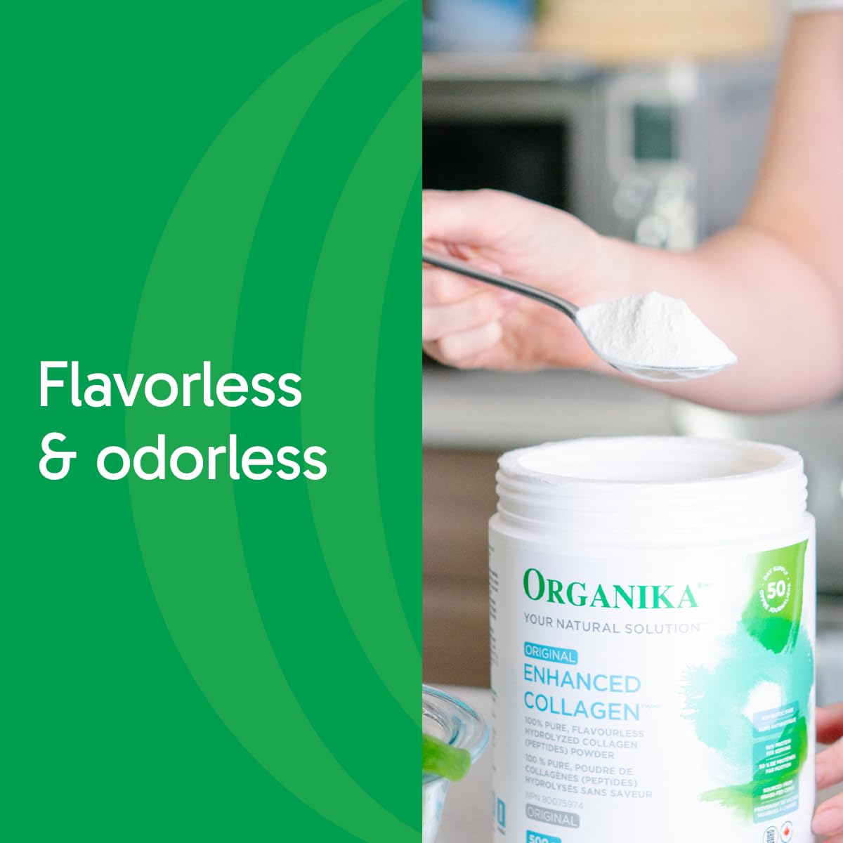 Organika collagen powder in smoothie illustrating versatile daily use