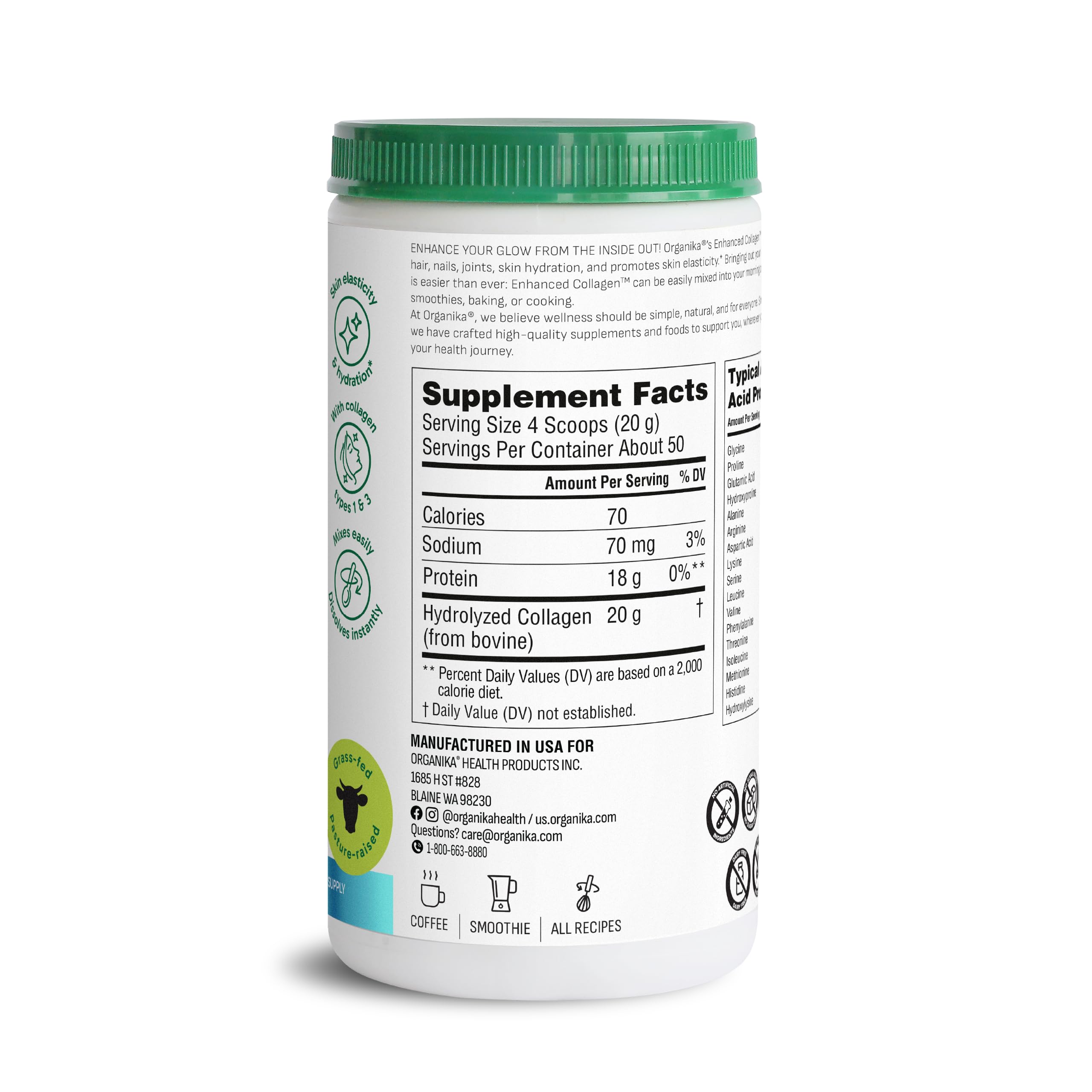 Organika Collagen Powder poured into smoothie, showcasing a flavorless blend.