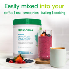 Organika grass-fed collagen tub on the kitchen counter