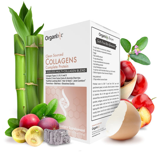 Organixx Clean-Sourced Collagen bottle highlights multi-source nutrition for skin and joints.
