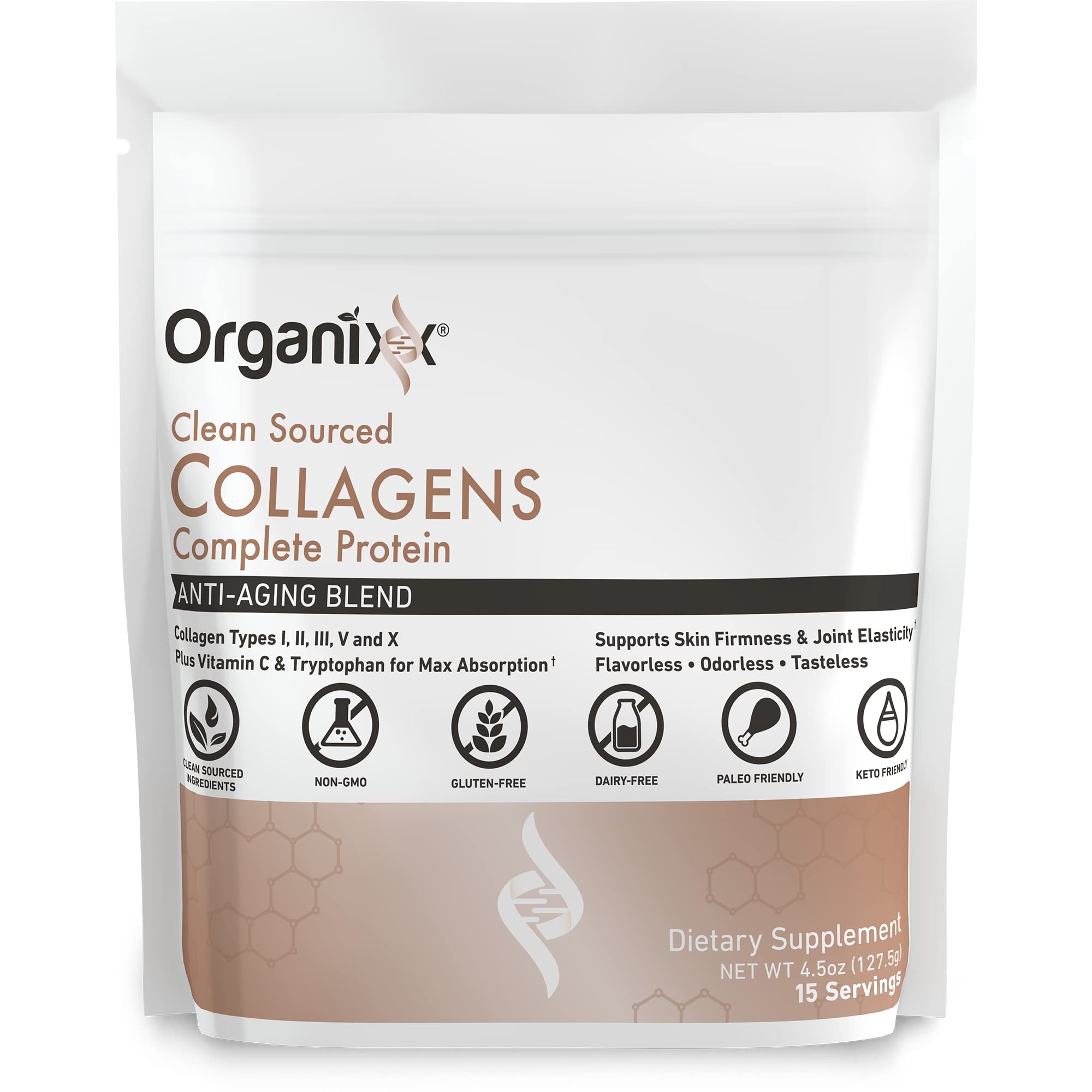 Organixx Clean Sourced Collagen Powder bottle on a counter highlights gluten-free, unflavored daily use.