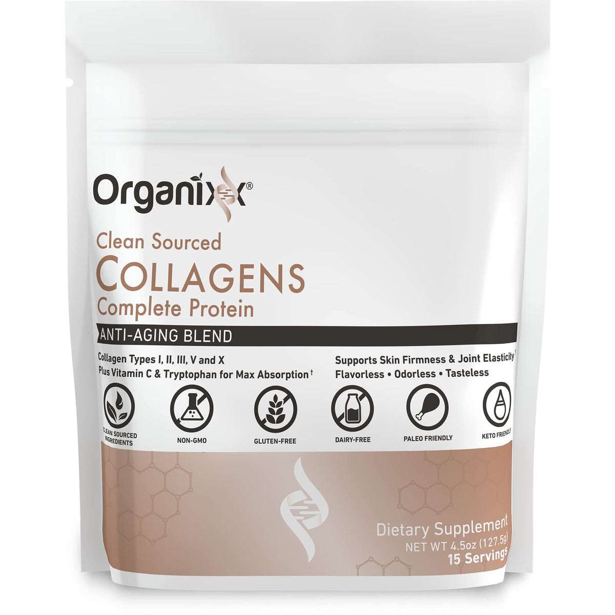 Organixx Clean Sourced Collagen Powder bottle on a counter highlights gluten-free, unflavored daily use.