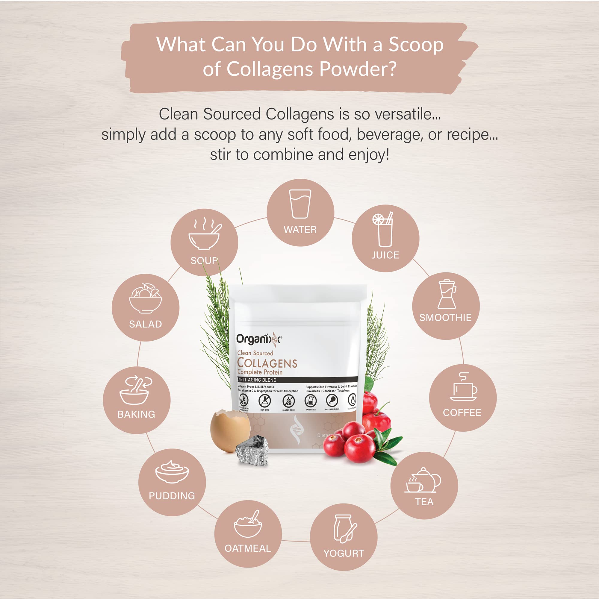 Organixx collagen powder stirred into morning coffee for a smooth, unflavored boost.