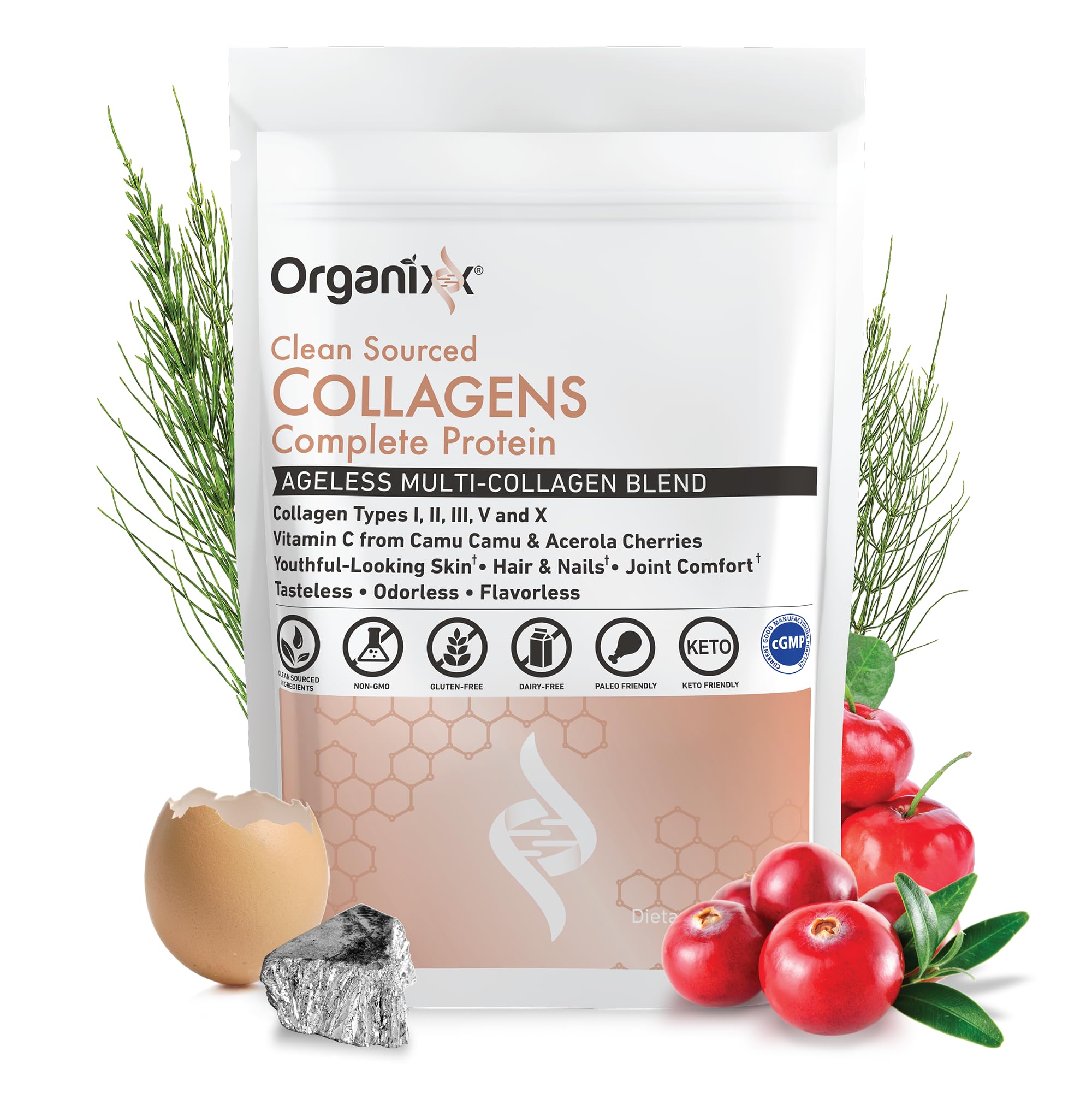 Organixx collagen powder being scooped, ready to mix into drinks.