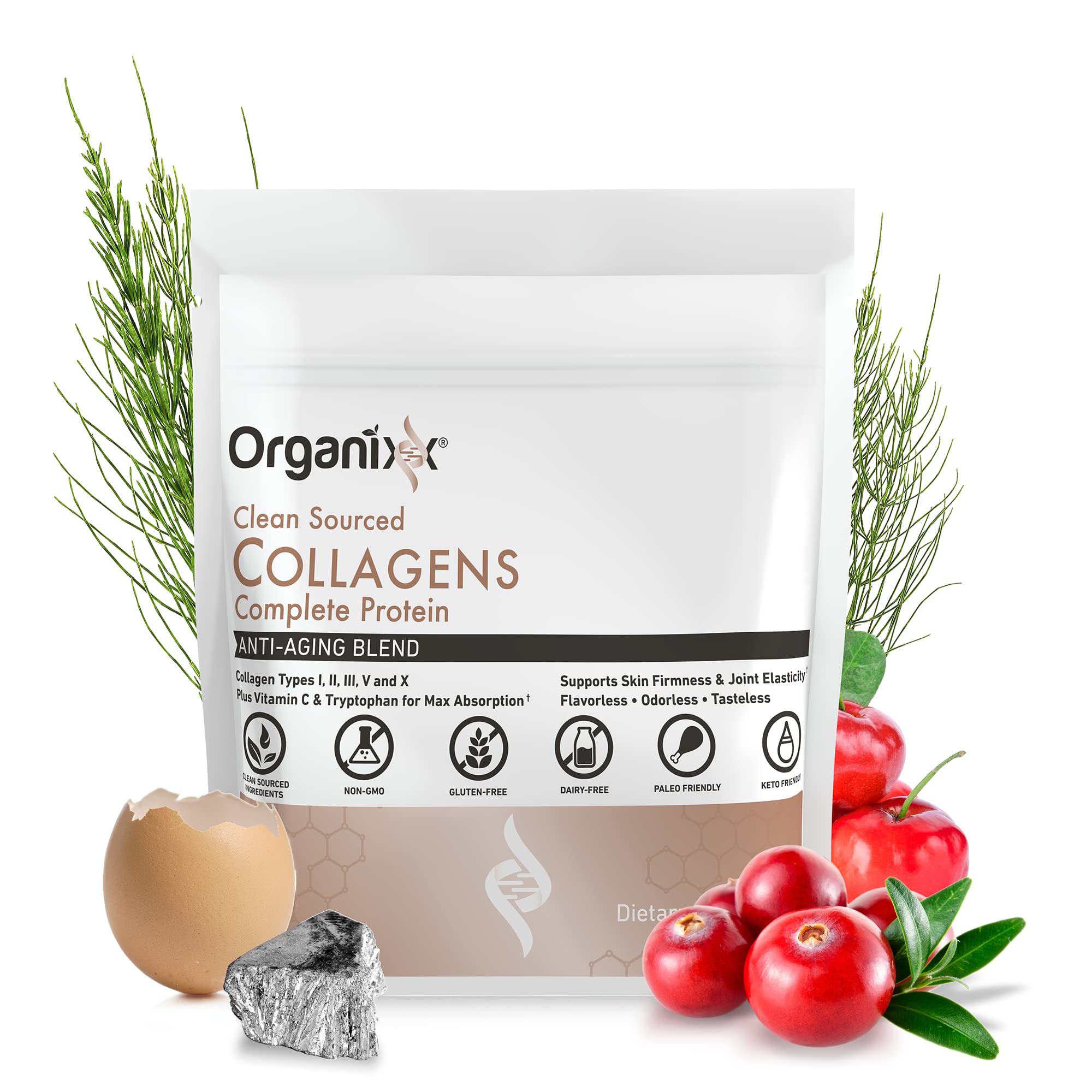 Scoop of Organixx Collagen Powder ready to mix into a beverage or recipe.