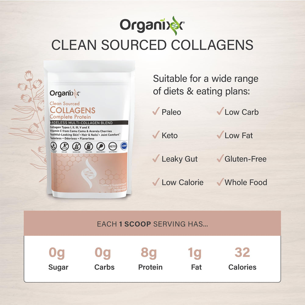 Clear beverage glass with stirred Organixx collagen powder.