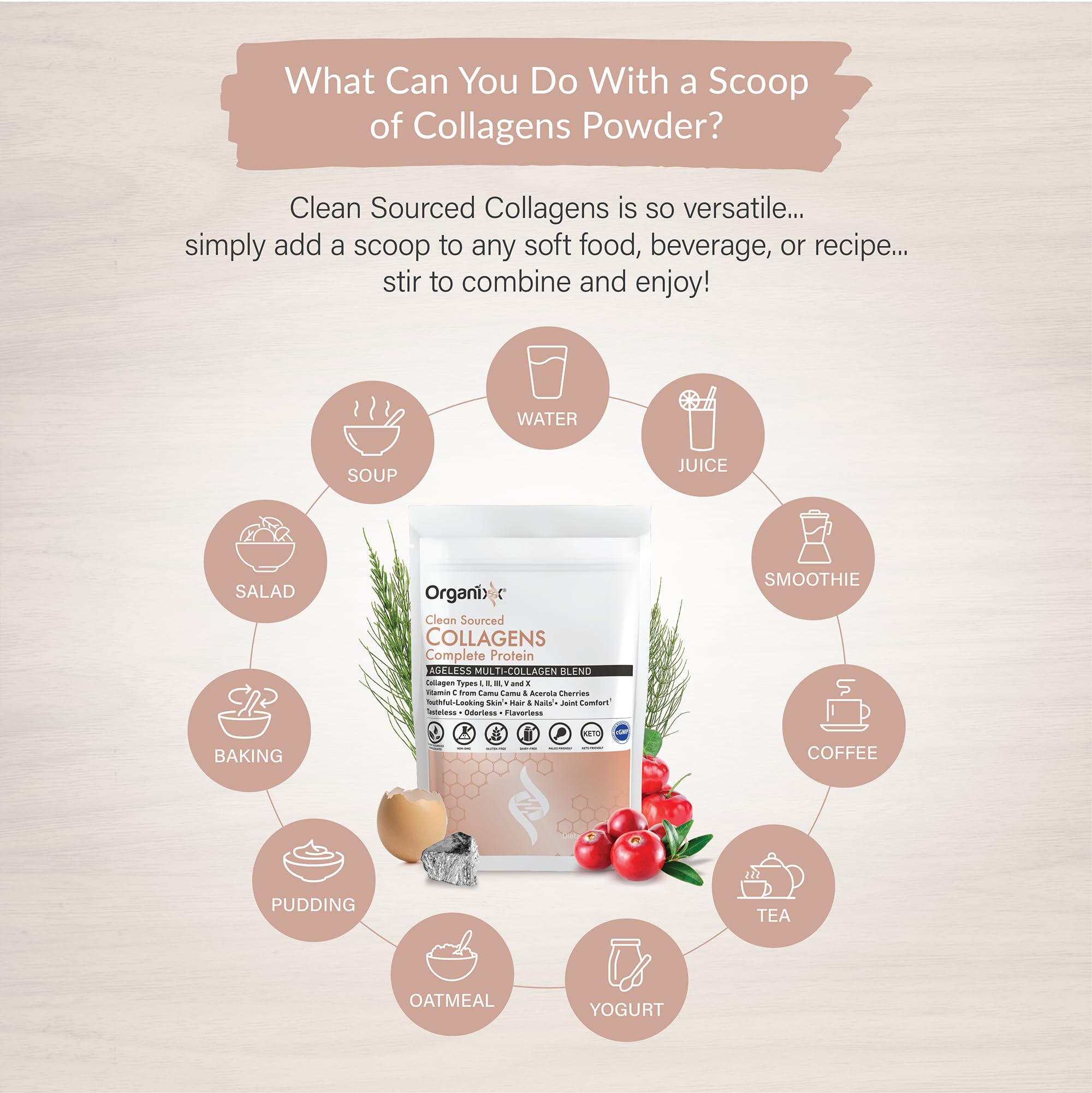 Organixx collagen powder with vitamin C dissolves easily in water.