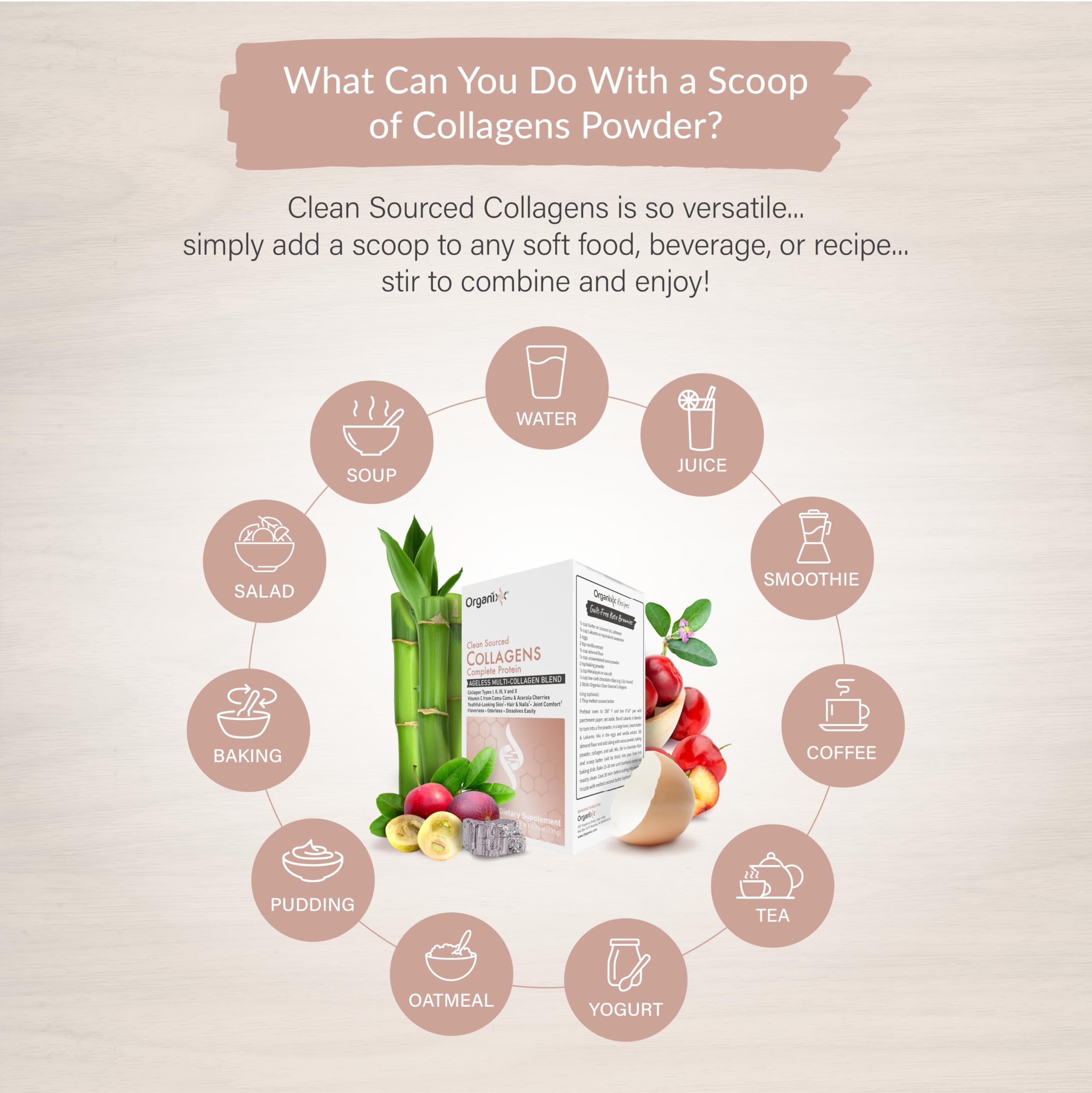 Organixx collagen sources beef, chicken, fish, and eggshell for broad tissue support.